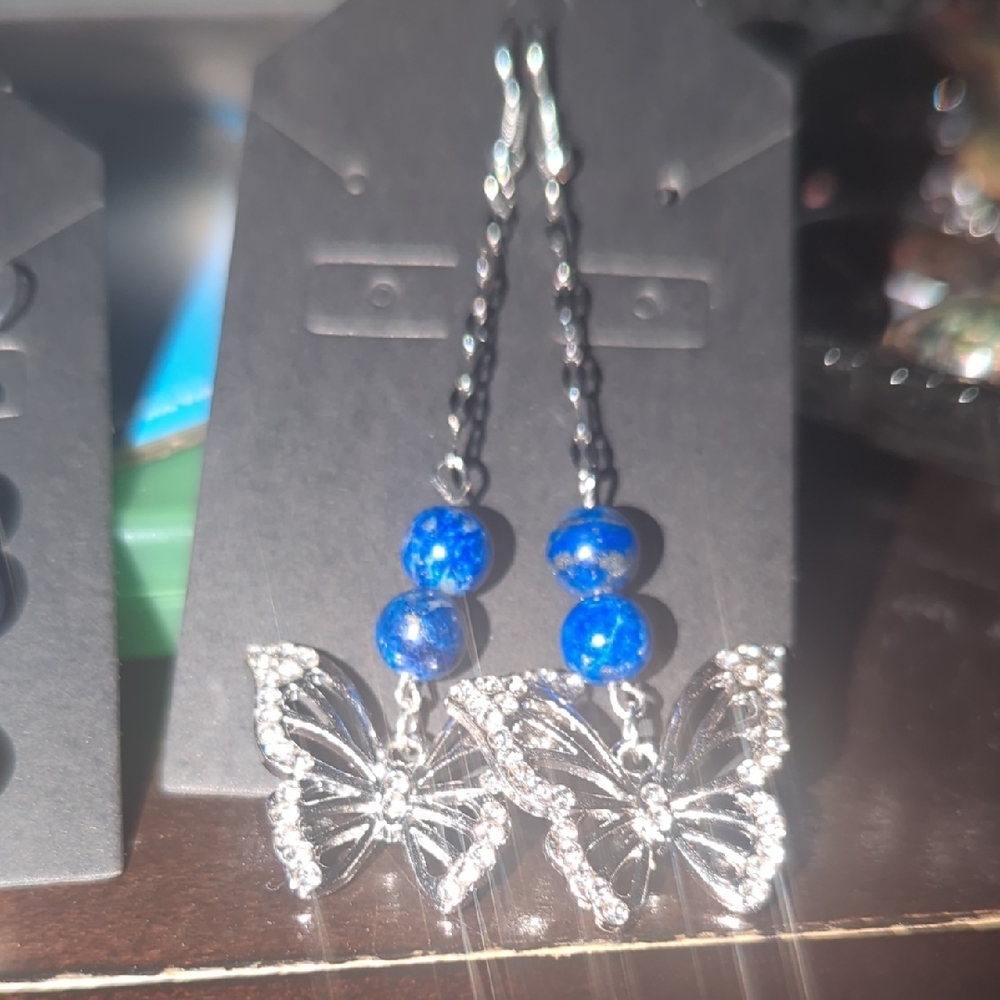 Lapis Lazuli And Cubic Zirconia Butterfly Earrings 2 Inches Hypoallergenic